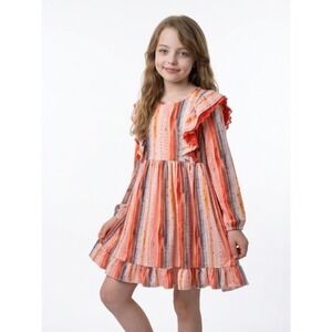 Ruffle Girl Long Sleeve Dress Kids 3XL Multicolor Stripe Ruffle Trim